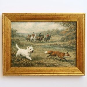 Vintage inspired Hunting Scene Framed Art print Gold Frame 5x7 Scottish Terrier